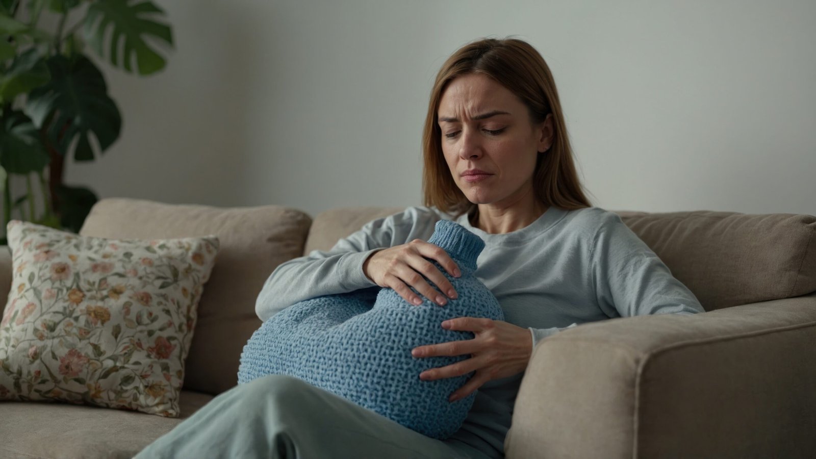 woman with sad face sitting on sofa at home